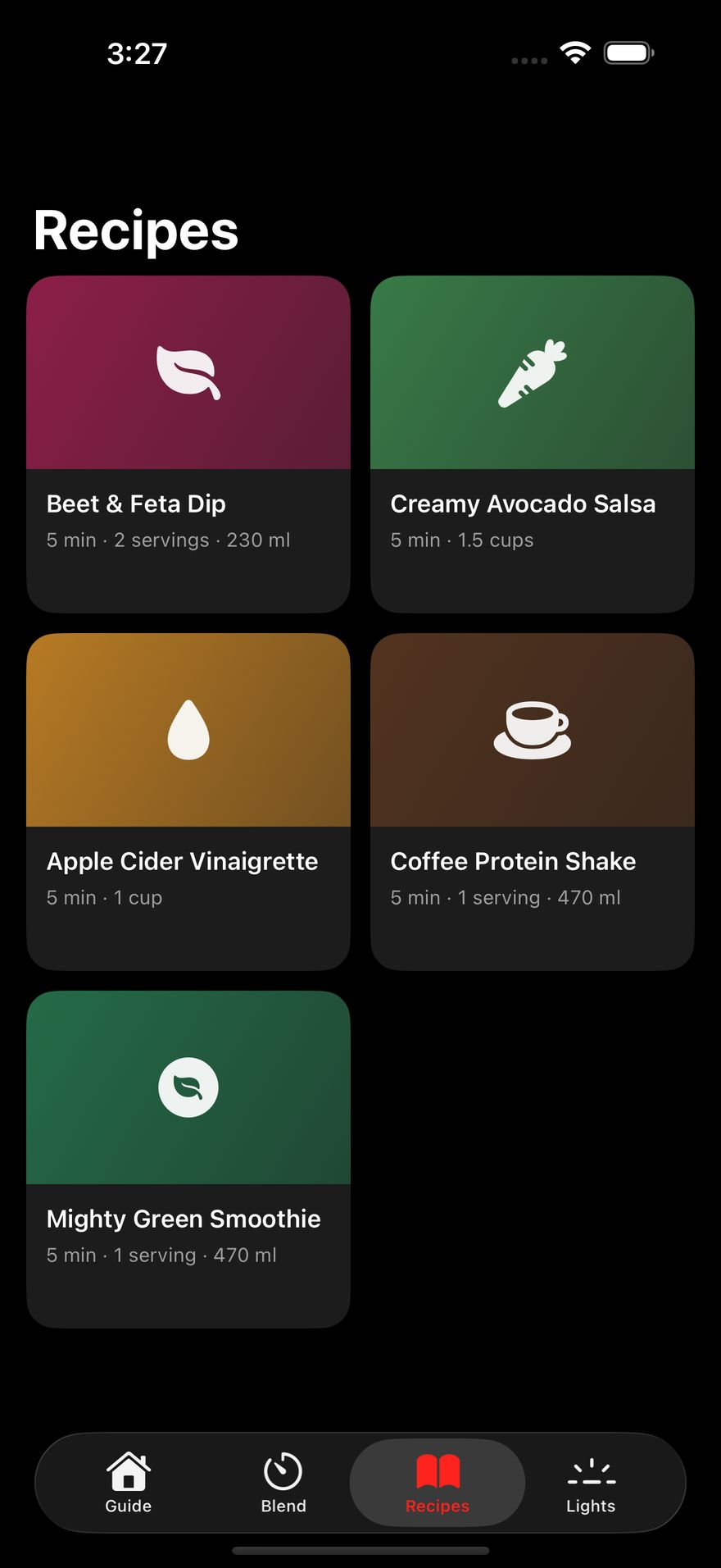 Recipes tab showing recipe cards such as Beet and Feta Dip, Creamy Avocado Salsa and Mighty Green Smoothie